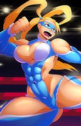 Rule 34 | 1girl, abs, bare shoulders, blonde hair, blue eyes, cleavage cutout, clothing cutout, highres, long hair, long sleeves, mask, rainbow mika, shoulder cutout, street fighter, teeth, twintails, unclered, very long hair, wrestling outfit