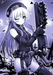 Rule 34 | 1girl, ;), armlet, backlighting, bare shoulders, belt, belt pouch, blush, bracelet, breasts, closed mouth, commentary request, cowboy shot, cross, elbow gloves, garter straps, gloves, goggles, goggles on headwear, groin, gun, hat, highleg, highleg leotard, highres, holding, holding gun, holding weapon, idolmaster, idolmaster cinderella girls, jewelry, leotard, long hair, looking at viewer, monochrome, ninomiya asuka, one eye closed, partially fingerless gloves, pouch, purple theme, sakaki imasato, sidelocks, small breasts, smile, solo, straight hair, studded armlet, studded bracelet, thighhighs, very long hair, weapon, zipper, zipper pull tab