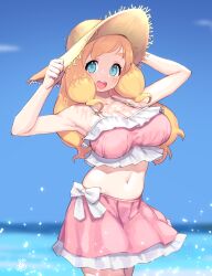 Rule 34 | 1girl, absurdres, alternate breast size, armpits, arms up, bikini, blonde hair, breasts, cleavage, cowboy shot, frilled bikini, frills, hat, highres, indie virtual youtuber, ishii onkami, large breasts, long hair, looking at viewer, open mouth, outdoors, pink bikini, shinonome megu, smile, solo, standing, stomach, sun hat, swimsuit, swimsuit skirt, virtual youtuber, yellow hat