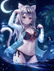 Rule 34 | 1girl, absurdres, animal, animal ears, bikini, black bikini, black hair, breasts, cat ears, cat girl, cat tail, cleavage, cloud, commentary request, crescent moon, grey hair, hair ornament, highres, hololive, long hair, long sleeves, looking at viewer, medium breasts, moon, multicolored hair, night, night sky, ocean, open clothes, orca, outdoors, paw pose, red eyes, sakamata chloe, see-through, side-tie bikini bottom, sky, solo, star (sky), starry sky, streaked hair, swimsuit, tail, thighs, virtual youtuber, wading, wajuniorbox, x hair ornament