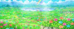 Rule 34 | artist request, blue flower, blue sky, cloud, creatures (company), day, field, flower, flower field, game cg, game freak, lake, light particles, light rays, mountain, mountainous horizon, nintendo, no humans, official art, orange flower, outdoors, pokemon, pokemon mystery dungeon, pokemon mystery dungeon: rescue team dx, purple flower, rainbow, red flower, reflection, reflective water, scenery, sky, sunlight, third-party source, tree, wide shot