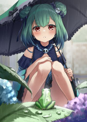 Rule 34 | 1girl, absurdres, bare legs, bare shoulders, black bow, black dress, blue flower, blurry, blurry background, blush, bow, brooch, commentary request, depth of field, double bun, dress, earrings, flower, frilled umbrella, frills, frog, green hair, hair bow, hair bun, hair ornament, hand on own knee, highres, holding, holding umbrella, hololive, hydrangea, jewelry, kito koruta, leaf, long sleeves, looking at animal, outdoors, parted lips, purple flower, rain, red eyes, short hair, signature, skull earrings, skull hair ornament, solo, squatting, umbrella, uruha rushia, uruha rushia (1st costume), virtual youtuber, wide sleeves