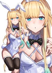 Rule 34 | 1girl, absurdres, aizawa ema, animal ears, bare shoulders, black bow, black bowtie, blonde hair, blue eyes, blue hair, blunt bangs, blush, bow, bowtie, breasts, cleavage, collar, covered navel, criss-cross halter, earrings, fake animal ears, gradient hair, halterneck, hand on own chest, highleg, highres, jewelry, large breasts, leotard, long hair, looking at viewer, maya fa, multicolored hair, playboy bunny, rabbit ears, rabbit tail, simple background, solo, tail, thighhighs, very long hair, virtual youtuber, vspo!, white leotard, wrist cuffs, zoom layer