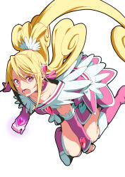 Rule 34 | 1girl, aida mana, blonde hair, boots, brooch, choker, cure heart, dokidoki! precure, earrings, half updo, heart, heart brooch, highres, jewelry, looking at viewer, magical girl, nishiuri warito, open mouth, pink eyes, pink footwear, ponytail, precure, simple background, solo, white background