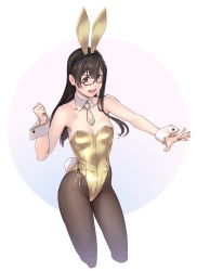 Rule 34 | 1girl, animal ears, black-framed eyewear, black hair, black pantyhose, collarbone, cropped legs, detached collar, fake animal ears, fake tail, feet out of frame, glasses, green eyes, grey necktie, hair between eyes, highres, kantai collection, leotard, long hair, necktie, ooyodo (kancolle), open mouth, pantyhose, playboy bunny, rabbit ears, rabbit tail, simple background, smile, solo, tail, teeth, upper teeth only, white background, wrist cuffs, yellow leotard, yuuji (and)