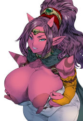 Rule 34 | 1girl, big hair, blue eyes, breasts, bridal gauntlets, cape, character request, clothes pull, colored skin, commentary request, demon girl, dress, dress pull, earrings, graphite (medium), grin, highres, horns, huge breasts, jewelry, kei (bekei), large areolae, lipstick, long hair, long nipples, looking at viewer, makeup, mechanical pencil, muscular, muscular female, necklace, nipples, original, parted bangs, pencil, pink skin, pointy ears, ponytail, puffy nipples, pump, purple hair, purple lips, smile, solo, thick thighs, thighs, traditional media, tsurime, white dress, wide hips