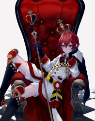 Rule 34 | 1boy, absurdres, axescr, blue eyes, boots, cape, closed mouth, commentary, crown, gloves, highres, holding, holding staff, jewelry, looking at viewer, male focus, red hair, riddle rosehearts, scepter, solo, staff, throne, twisted wonderland