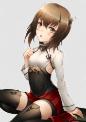 Rule 34 | 1girl, :o, anchor, arm at side, bad id, bad pixiv id, bike shorts, black shorts, black thighhighs, blush, breasts, brown eyes, brown hair, commentary request, corset, grey background, hand on own chest, headband, kantai collection, knee up, kyoeiki, long sleeves, looking at viewer, miniskirt, open mouth, pleated skirt, red footwear, red skirt, ribs, shirt, short hair, shorts, shorts under skirt, simple background, sitting, skirt, small breasts, solo, taihou (kancolle), thighhighs, white shirt