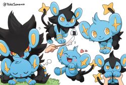 Rule 34 | 1other, :&lt;, :d, blush stickers, bubble, cat teaser, closed eyes, closed mouth, colored sclera, commentary request, creatures (company), evolutionary line, fangs, food, game freak, gen 4 pokemon, grass, heart, highres, holding, luxio, luxray, nintendo, onigiri, open mouth, pokemon, pokemon (creature), pokesumomo, red sclera, shinx, sleeping, smile, tongue, twitter username, watermark, yellow eyes, yellow pupils