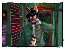 Rule 34 | 1boy, animal ears, black hair, blue eyes, censored, censored text, collared shirt, door, fake animal ears, fence, finger in own mouth, hand up, industrial pipe, jacket, kaneoya sachiko, liquid, male focus, one eye closed, original, shirt, solo, tape, tongue, tongue out
