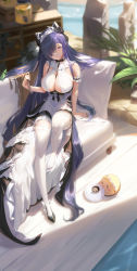 Rule 34 | 1girl, arm garter, august von parseval (azur lane), azur lane, bird, blue eyes, blurry, blurry background, breasts, chick, closed mouth, couch, cup, depth of field, dress, frilled dress, frills, full body, halter dress, halterneck, headpiece, highres, holding, holding knife, knee up, knife, large breasts, long hair, looking at viewer, manjuu (azur lane), official alternate costume, on couch, one eye covered, outdoors, plant, pool, poolside, purple hair, sansan (dongfangzhong111), sitting, solo focus, sunlight, thighhighs, tray, very long hair, white thighhighs