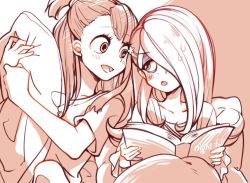 Rule 34 | 10s, 2girls, :d, bed, blunt bangs, blush, book, chemise, eyeshadow, hair over one eye, indoors, kagari atsuko, leila (yurisouls), little witch academia, long hair, makeup, monochrome, multiple girls, open mouth, pillow, shirt, short ponytail, simple background, smile, spot color, sucy manbavaran, sweatdrop