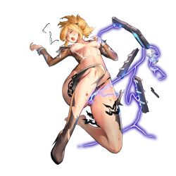 Rule 34 | 1girl, alexandra of resonance, blonde hair, breasts, bruise, closed eyes, defeat, full body, game cg, highres, injury, kakiman, last origin, nipples, official art, open mouth, ponytail, shoes, single shoe, solo, tachi-e, torn clothes, transparent background
