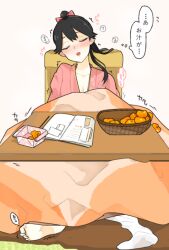 Rule 34 | black hair, blush, bow, closed eyes, collarbone, commentary request, food, fruit, hair bow, houshou (kancolle), implied masturbation, iwao (iwaogom), japanese clothes, kantai collection, kimono, kotatsu, long hair, loose socks, mandarin orange, open mouth, pink bow, pink kimono, ponytail, simple background, socks, table, thought bubble, toe scrunch, translation request, trembling, white socks