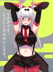 Rule 34 | 1girl, absurdres, arms up, black ribbon, blush, commentary request, crying, fishnet legwear, fishnets, glasses, heidimarie w. schnaufer, highres, ika (hinatu1992), navel, necktie, open mouth, pants, rabbit, red eyes, ribbon, silver hair, solo, strap, strike witches, tears, world witches series