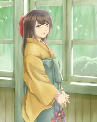 Rule 34 | 1girl, bag, bow, brown hair, bush, commentary request, cowboy shot, day, floral print, forest, green hakama, hair bow, hakama, hakama skirt, head tilt, highres, holding, holding bag, indoors, interlocked fingers, japanese clothes, kimono, kinchaku, long hair, long sleeves, looking at viewer, narumiya y (shururikun), nature, open mouth, original, own hands clasped, own hands together, parted lips, petals, pouch, red eyes, skirt, solo, standing, window, yellow kimono
