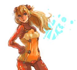 Rule 34 | 00s, 1girl, blue eyes, breasts, cleavage, evangelion: 2.0 you can (not) advance, female focus, hair ornament, long hair, navel, neon genesis evangelion, open mouth, orange hair, plugsuit, rebuild of evangelion, see-through, shu-mai, solo, souryuu asuka langley, test plugsuit, white background