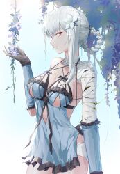 Rule 34 | 1girl, absurdres, bandaged arm, bandaged neck, bandages, black gloves, braided hair rings, breasts, cleavage, clothing cutout, cowboy shot, elbow gloves, flower, flower request, frills, from side, gloves, hair flower, hair ornament, highres, jitome, kaine (nier), leaf, lingerie, lips, looking at viewer, lunar tear, medium breasts, navel cutout, negligee, nier, nier (series), orange eyes, panties, parted lips, piao miao, profile, purple flower, revealing clothes, single bare shoulder, single hair ring, single sidelock, solo, underwear, white panties