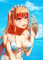 Rule 34 | 1girl, :p, absurdres, bad id, bad pixiv id, bare arms, bare shoulders, bikini, blue sky, blunt bangs, blush, breasts, cleavage, cloud, collarbone, covered erect nipples, crazy eyes, day, fate/grand order, fate (series), food, food on body, food on face, henakon, highres, holding, holding food, ice cream, ice cream cone, long hair, matching hair/eyes, medb (fate), medium breasts, melting, navel, ocean, orange eyes, orange hair, outdoors, sky, smile, solo, stomach, summer, swimsuit, tongue, tongue out, underboob, water, white bikini, wide hips