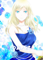 Rule 34 | 10s, 1girl, awashima seri, blonde hair, blue eyes, breasts, cover, cover page, dress, earrings, flower, hair down, jewelry, k-project, long hair, looking at viewer, necklace, smile, solo, tonchiki, upper body
