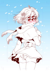 Rule 34 | 1girl, ass, bad id, bad pixiv id, blush, bow, coat, extra eyes, fair-chan, flower, hair flower, hair ornament, hair ribbon, looking back, mittens, monster girl, original, panties, partially colored, popsicle stick, red eyes, ribbon, scarf, short hair, skirt, snow, snowing, solo, sugiya manao, underwear, winter clothes