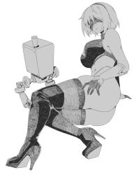 Rule 34 | 1girl, 2b (nier:automata), absurdres, ass, black blindfold, blindfold, breasts, gloves, hairband, high heels, highres, leotard, looking at viewer, lying, medium breasts, medium hair, minew, nier:automata, nier (series), on side, pod (nier:automata), robot, solo, thighhighs, white gloves, white hair, white leotard