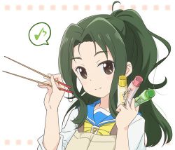 Rule 34 | 1girl, apron, bad id, bad twitter id, brown eyes, close-up, female focus, flip flappers, green hair, high ponytail, holding, irodori iroha, long hair, looking at viewer, musical note, neckerchief, paint tube, ponytail, quaver, red star (toranecomet), school uniform, simple background, sleeves rolled up, smile, solo, spoken musical note, upper body, white background