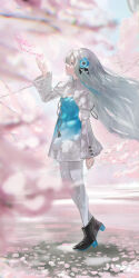 Rule 34 | 1girl, absurdres, black footwear, blue dress, blue eyes, blue flower, blue hair, boots, branch, cherry blossoms, commentary request, dress, expressionless, floating hair, flower, from side, full body, grey hair, hair flower, hair ornament, high heel boots, high heels, highres, isekai joucho, kamitsubaki studio, long hair, mochimochi kashiwa, multicolored hair, outdoors, pantyhose, parted lips, profile, solo, spring (season), two-tone dress, two-tone hair, virtual youtuber, white dress, white pantyhose