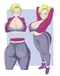 Rule 34 | 1girl, android 18, arms behind head, ass, blonde hair, blue eyes, breasts, cleavage, dragon ball, dragon ball gt, dragonball z, earrings, full body, highres, hoop earrings, jewelry, large breasts, looking at viewer, panarandom, pants, short hair, solo, sports bra, standing, yoga pants