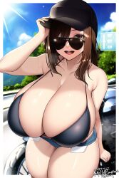 Rule 34 | 1girl, arm up, bare shoulders, bikini, black bikini, blue sky, breasts, brown eyes, brown hair, bush, car, cloud, cowboy shot, day, denim, dot nose, female focus, glasses, hand on headwear, hat, highres, huge breasts, japanese text, kyosuke fujiwara, lips, long hair, looking at viewer, matching hair/eyes, motor vehicle, open mouth, outdoors, pocket, road sign, shiny skin, short shorts, shorts, sign, skindentation, sky, smile, solo, sunglasses, sunlight, sweat, swimsuit, teeth, thick thighs, thigh gap, thighs, tree, upper teeth only