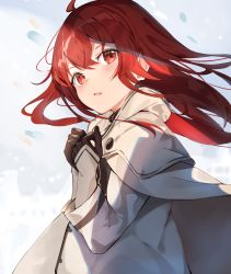 Rule 34 | 1girl, ahoge, black gloves, commentary, eris greyrat, facing viewer, gloves, grey cloak, hair between eyes, hands on own chest, highres, long hair, long sleeves, looking away, mushoku tensei, open mouth, red eyes, red hair, runep, simple background, solo, upper body, white background, wind