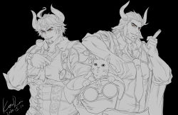 Rule 34 | 2boys, absurdres, anjingkuxiao, arm on another&#039;s shoulder, bara, barawa, beard, between pectorals, black background, cat, character request, cow horns, draph, facial hair, goatee, granblue fantasy, greyscale, hat, unworn hat, unworn headwear, highres, horns, large pectorals, looking at viewer, male focus, monochrome, multiple boys, muscular, muscular male, necktie, necktie between pectorals, necktie between pectorals, ox horns, pectorals, pointy ears, shirt, short hair, sleeves rolled up, tight clothes, tight shirt, upper body