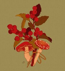 Rule 34 | artist name, branch, fly agaric, green background, highres, holly, libbyframe, mushroom, no humans, original, plant focus, ribbon, signature, simple background, twig