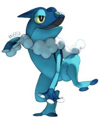 Rule 34 | black eyes, blue theme, commentary, creature, creatures (company), english commentary, frogadier, full body, game freak, gen 6 pokemon, nintendo, no humans, open mouth, pinkgermy, pokedex number, pokemon, pokemon (creature), solo, standing, standing on one leg, transparent background