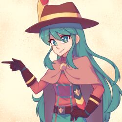 Rule 34 | 1girl, belt, blue eyes, blue hair, cloak, gloves, hat, hat feather, highres, hilda (hilda), hilda (series), long hair, looking at viewer, necktie, nose, pointing, shirt, sidelocks, simple background, smile, solo, very long hair, white background, xyronii