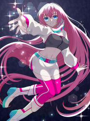 Rule 34 | 1girl, absurdly long hair, absurdres, belt, blue eyes, boots, crop top, grin, high collar, high heel boots, high heels, highres, long hair, long sleeves, looking at viewer, magical mirai luka, megurine luka, midriff, miniskirt, navel, outstretched arm, pink hair, reaching, reaching towards viewer, rooibos, shrug (clothing), skirt, smile, sparkle, thighhighs, very long hair, vocaloid