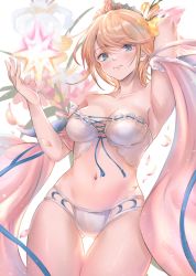 Rule 34 | 1girl, absurdres, armpits, bare shoulders, bikini, blonde hair, blue eyes, blue ribbon, breasts, breasts apart, collarbone, commentary request, detached sleeves, europa (granblue fantasy), europa (summer) (granblue fantasy), flower, gluteal fold, granblue fantasy, highres, looking at viewer, medium breasts, navel, petals, renzu (lens 02), ribbon, short hair, solo, strapless, strapless bikini, swimsuit, thigh gap, tiara, tube top, white background, white bikini