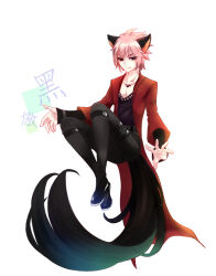 Rule 34 | 1boy, animal ears, black footwear, black pants, black shirt, blade &amp; soul, closed mouth, coat, commentary request, full body, half-closed eyes, lanmei jiang, long sleeves, looking at viewer, lyn (blade &amp; soul), male focus, medium bangs, open clothes, open coat, pants, pink hair, red coat, red eyes, shirt, shoes, short hair, simple background, sitting, smile, solo, tail, translation request, variant set, white background, wolf ears, wolf tail