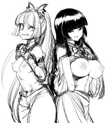 Rule 34 | 2girls, blunt bangs, breast envy, breasts, breasts, breasts out, clenched teeth, clothes lift, frown, fujiwara no mokou, greyscale, grin, hair ribbon, houraisan kaguya, large areolae, large breasts, lifting own clothes, long hair, looking at another, medium breasts, monochrome, multiple girls, nipples, no bra, pants, ribbon, shirt, shirt lift, simple background, sketch, smile, smirk, smug, spacezin, standing, stomach, sweatdrop, teeth, touhou, very long hair, white background