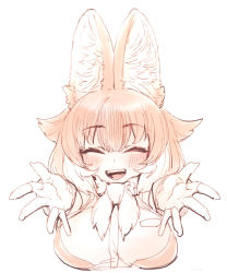 Rule 34 | 1girl, ^ ^, anchors (mono eye os), animal ear fluff, animal ears, breasts, close-up, closed eyes, dhole (kemono friends), closed eyes, highres, kemono friends, large breasts, monochrome, open hands, open mouth, outstretched arms, solo, white background