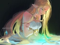 Rule 34 | 1girl, artist name, bare shoulders, black background, blonde hair, bracer, breasts, cleavage, colored eyelashes, crossed arms, crying, dress, fingernails, green eyes, jewelry, long dress, long hair, looking down, medium breasts, necklace, nintendo, nito minatsuki, parted bangs, parted lips, partially submerged, pointy ears, princess zelda, sidelocks, solo, strapless, strapless dress, tears, the legend of zelda, the legend of zelda: breath of the wild, upper body