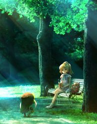 Rule 34 | 1girl, backpack, bag, bare arms, bare legs, bench, blonde hair, blue neckwear, blunt bangs, book, braid, commentary request, creatures (company), dappled sunlight, dartrix, day, flower, french braid, game freak, gen 7 pokemon, grass, green eyes, holding, holding book, leaf, light rays, lillie (pokemon), long hair, looking at another, miniskirt, nintendo, open book, outdoors, park bench, parted lips, pokemon, pokemon (creature), pokemon sm, ponytail, puffy short sleeves, puffy sleeves, purple flower, red flower, ribero, shirt, shoes, short sleeves, sitting, skirt, socks, sunlight, tree, unworn backpack, unworn bag, white footwear, white legwear, white shirt, white skirt, yellow flower