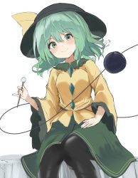 Rule 34 | 1girl, 258n, absurdres, bed, black hat, black pantyhose, blouse, blush, breasts, buttons, closed mouth, collared shirt, crystal, frills, green eyes, green hair, green skirt, hair between eyes, hair ribbon, hand up, hat, highres, jewelry, komeiji koishi, lap pillow invitation, long sleeves, looking at viewer, medium breasts, mimikaki, on bed, pantyhose, ribbon, shirt, short hair, simple background, sitting, skirt, smile, solo, third eye, touhou, white background, wide sleeves, yellow ribbon, yellow shirt