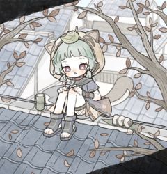 Rule 34 | 1girl, animal hood, blunt bangs, blush, branch, cup, day, fishnets, food, genshin impact, green hair, highres, hood, hood up, japanese clothes, leaf, leaf on head, low twintails, onigiri, outdoors, parted lips, purple eyes, rooftop, sandals, sayu (genshin impact), shionosuke, short hair, short twintails, sitting, solo, tail, twintails