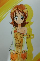 Rule 34 | 1girl, absurdres, ashigaki radar, blush, bow, breasts, brown eyes, brown hair, collarbone, hands in pockets, happinesscharge precure!, heart, highres, long sleeves, looking at viewer, nipple slip, nipples, off shoulder, oomori yuuko, overalls, precure, shirt, short hair, small breasts, smile, standing, strap slip, two-tone background, white background, yellow background, yellow overalls, yellow shirt