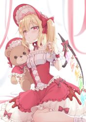 Rule 34 | 1girl, adapted costume, beni kurage, blonde hair, blush, crystal, dress, fingernails, flandre scarlet, frilled sleeves, frills, hair between eyes, highres, layered dress, long hair, looking at viewer, nail polish, one side up, parted lips, pointy ears, red dress, red eyes, red nails, short sleeves, socks, solo, stuffed animal, stuffed toy, teddy bear, touhou, white dress, white socks, wings, wrist cuffs