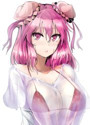Rule 34 | 1girl, alternate costume, bandaged arm, bandages, bikini, bikini under clothes, blush, breasts, bun cover, cleavage, closed mouth, collarbone, commentary request, double bun, hair between eyes, highres, ibaraki kasen, large breasts, looking at viewer, pink eyes, pink hair, red bikini, see-through, shirt, sideboob, solo, sweat, swimsuit, touhou, underboob, upper body, wet, wet clothes, wet shirt, y2