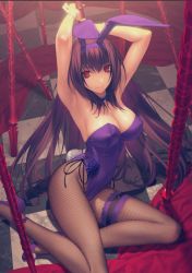 Rule 34 | 1girl, animal ears, black leotard, bodysuit, bow, bowtie, breasts, detached collar, fake animal ears, fake tail, fate/grand order, fate (series), gae bolg (fate), koyama hirokazu, large breasts, leotard, long hair, looking at viewer, official alternate costume, pantyhose, playboy bunny, purple bodysuit, purple hair, rabbit ears, red eyes, scathach (fate), scathach (piercing bunny) (fate), strapless, strapless leotard, tail, wrist cuffs