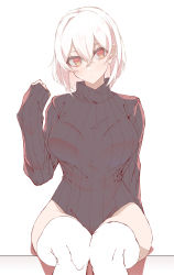 Rule 34 | 1girl, black leotard, black sweater, bob cut, bra visible through clothes, breasts, copyright request, e sky rugo, hand up, highres, large breasts, leotard, long sleeves, looking at viewer, medium hair, red eyes, ribbed leotard, simple background, sitting, sleeves past wrists, solo, sweater, thighhighs, white background, white hair, white thighhighs
