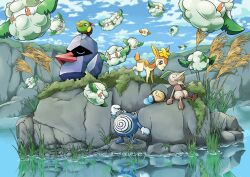 Rule 34 | absurdres, black eyes, blue sky, boulder, brown eyes, closed eyes, closed mouth, cloud, cottonee, creatures (company), deerling, deerling (autumn), game freak, gen 1 pokemon, gen 3 pokemon, gen 5 pokemon, grass, highres, lake, leaf, looking at another, nintendo, nosepass, nuzleaf, outdoors, plant, pokemon, pokemon (creature), poliwhirl, q-chan, sky, tall grass, tympole